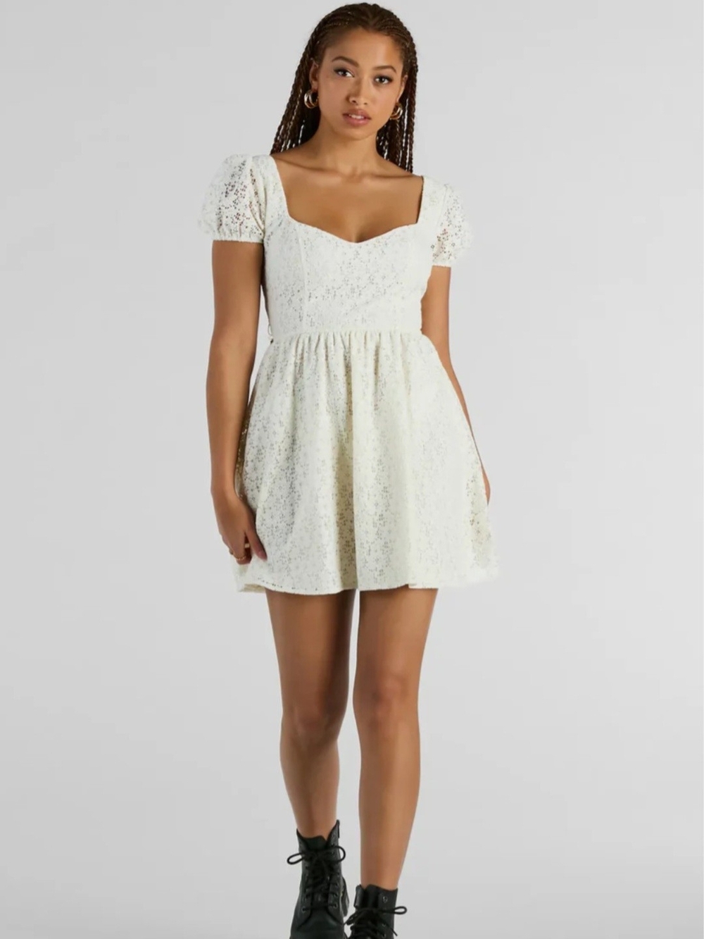Windsor Ivory Lace Puff-Sleeve Square Neck Mini Dress-Medium